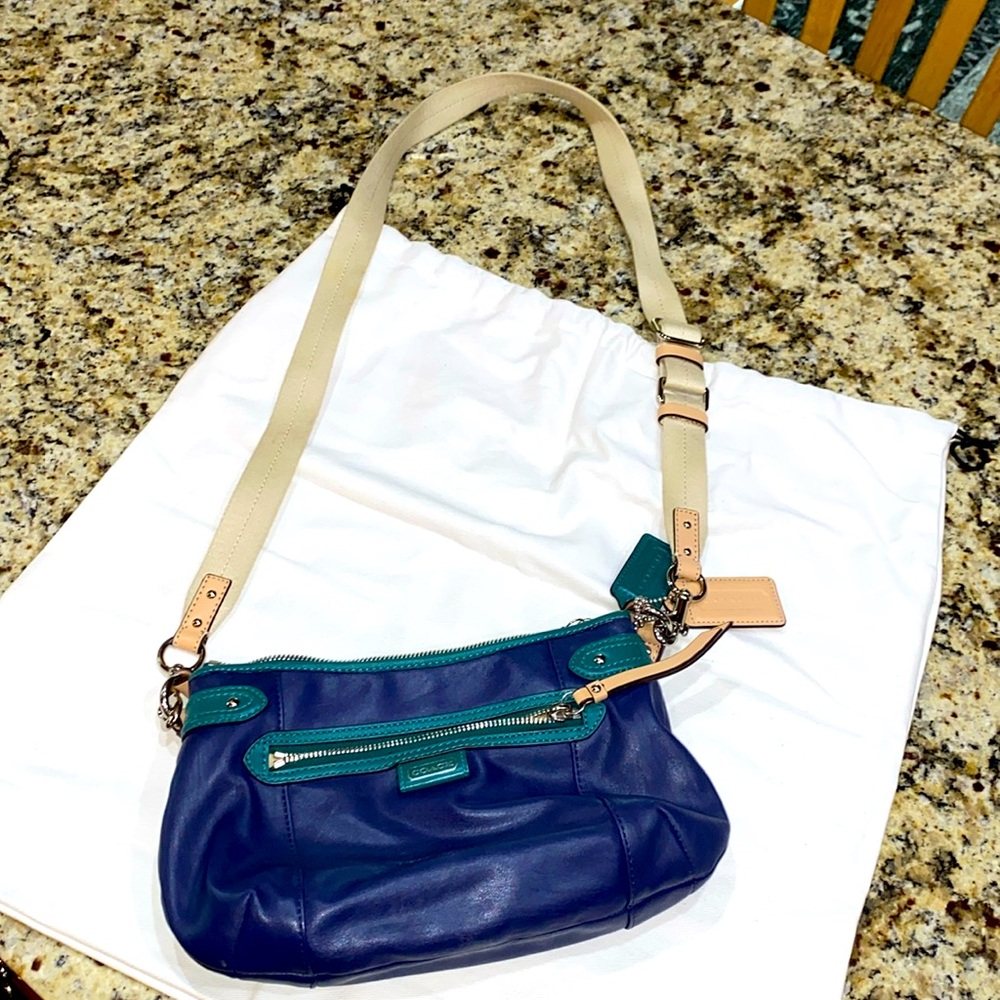 Coach Blue and Green Leather with Tan Straps Crossbody Purse